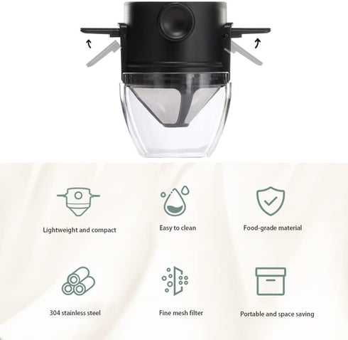 Reusable Paperless Coffee Filter Cone, Coffee Dripper with Foldable Holders for Home, Travel, and Camping, Black
