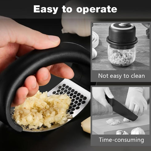 Garlic Press Rocker, Portable Manual Stainless Steel Garlic Press Rocker Crusher Masher with Garlic Peeling Drum