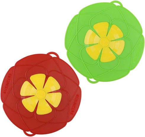 AUANDYU 2-in-1 Spill Stopper Lid Cover and Boil Over Safeguard, Silicone Kitchen Tool (Green and Red)