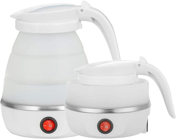 Foldable Electric Travel Kettle - Portable Silicone Collapsible Water Boiler and Tea Pot for Camping, White