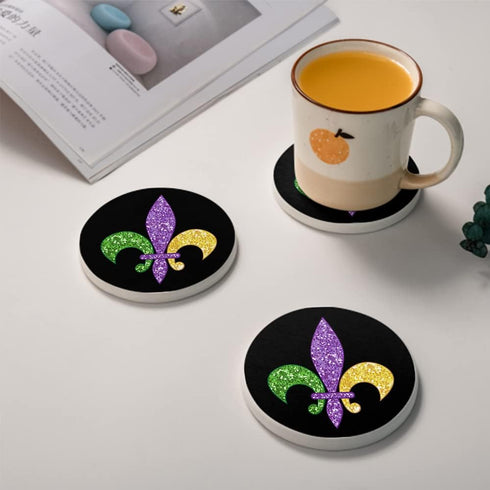 HUXJOKO Set 6,Fleur Coasters for Drinks of De Lis Mardi Gras Absorbent Ceramic Coaster,Round Stone Mat,with Cork Base