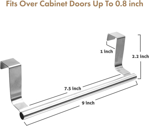 Over Cabinet Towel Bar with Hooks - 14 Inch Brushed Stainless Steel Rack for Bathroom & Kitchen