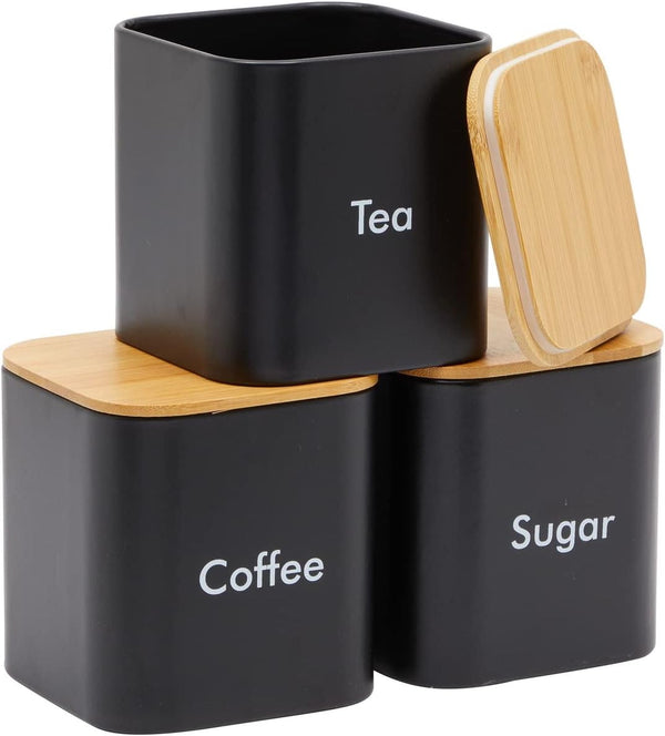 Juvale Coffee Tea Sugar Container Set - Black Iron Square, 3 Pack, 48 oz Each - Kitchen Canisters with Tight Seal Lids