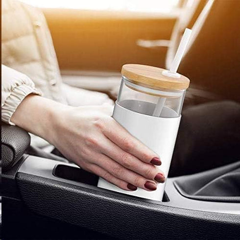 Tronco 16 oz Glass Tumbler with Straw and Bamboo Lid, Reusable Iced Coffee Cup with Silicone Protective Sleeve - BPA