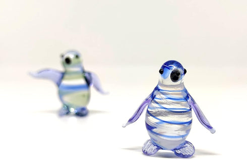 2 Penguins Tiny Figurines - Hand Blown Color Glass Art Animals Collectible Gift Home D cor (Blue Green)