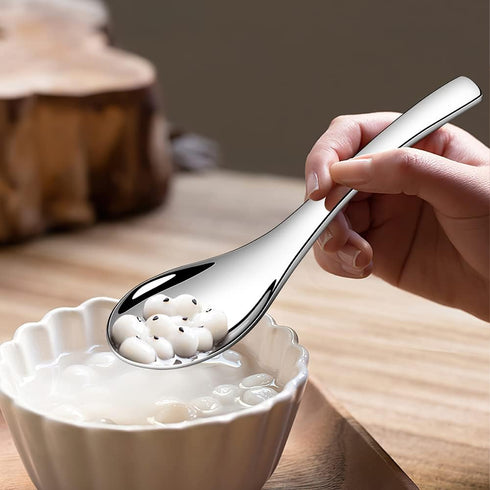 4 Pieces Stainless Steel Asian Soup Spoons, 6.3 Inch Heavy-Weight Short Handle Ramen Spoons