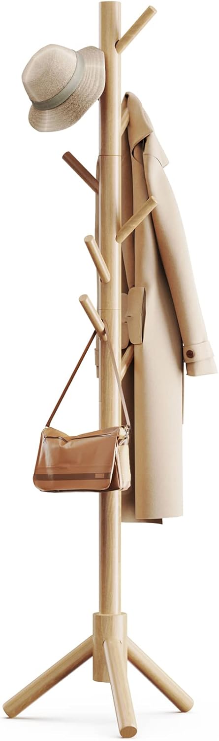 Pipishell Sturdy Wooden Coat Rack Stand, Adjustable Free Standing Tree Hanger with 4 Sections & 8 Hooks for Home
