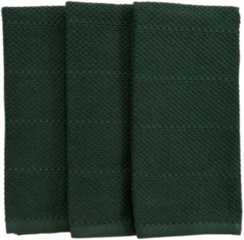 Textured Dark Green Kitchen Dish Towels, 100% Cotton Cloth, Soft Absorbent Terry Ribbed Loop: Set of 3 for Everyday Use