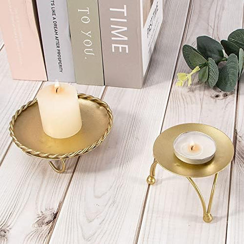 dedoot Gold Candle Holders Set of 2, Decorative Handmade Iron Pillar Plate Centerpiece for LED & Wax Candles