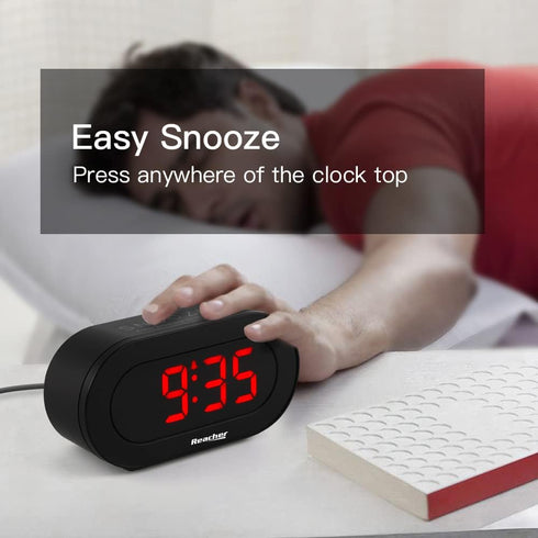 REACHER Small LED Digital Alarm Clock, Full Range Brightness Dimmer, USB Charger, Adjustable Alarm Volume
