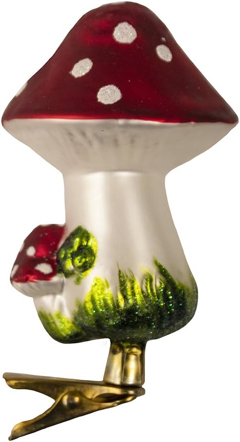 Kurt Adler 2-Piece Glass Clip-On Mushroom Ornament Set, 4-Inch, Christmas