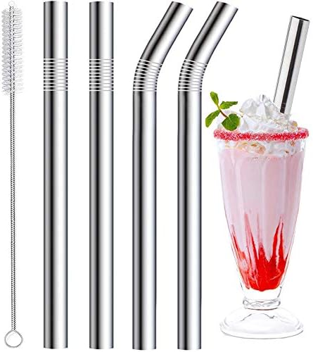 Vinaco Stainless Steel Smoothie Straws, 0.4'' Extra Wide Reusable Metal Drinking Straws, Set of 4 with Cleaning Brush