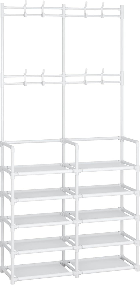 Laiensia 5-Tier Entryway Coat Rack - Coat and Shoe Rack with 8 Hooks for Bedroom, Hallway, Office - White