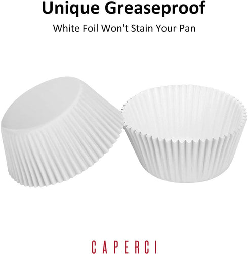 Caperci Standard White Foil Cupcake Liners 150-Pack, Premium Greaseproof Muffin Wrappers for Baking