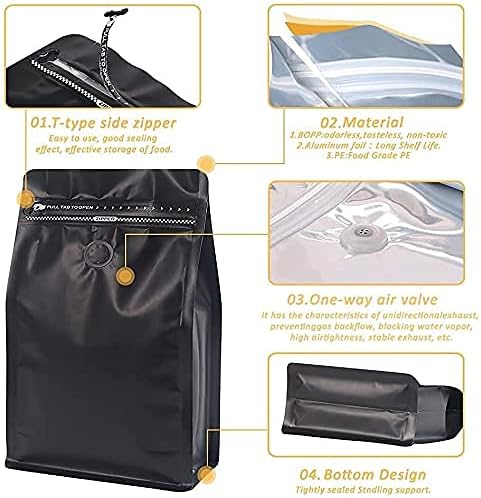 Valve(50pcs,12 oz,3/4 lb) REMTAP Coffee Bags with balck High Barrier Aluminumed Foil Flat Bottom Standing Coffee Beans