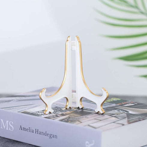 Artliving 4" White Gold Decorative Small Plate Stand Holder, Plastic Picture Easel Display Stand (2 Pack)