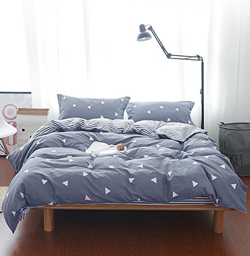 3 Pieces Duvet Cover Set, Blue Gray with White Triangles, Queen Size 90x90 with 2 Pillow Shams