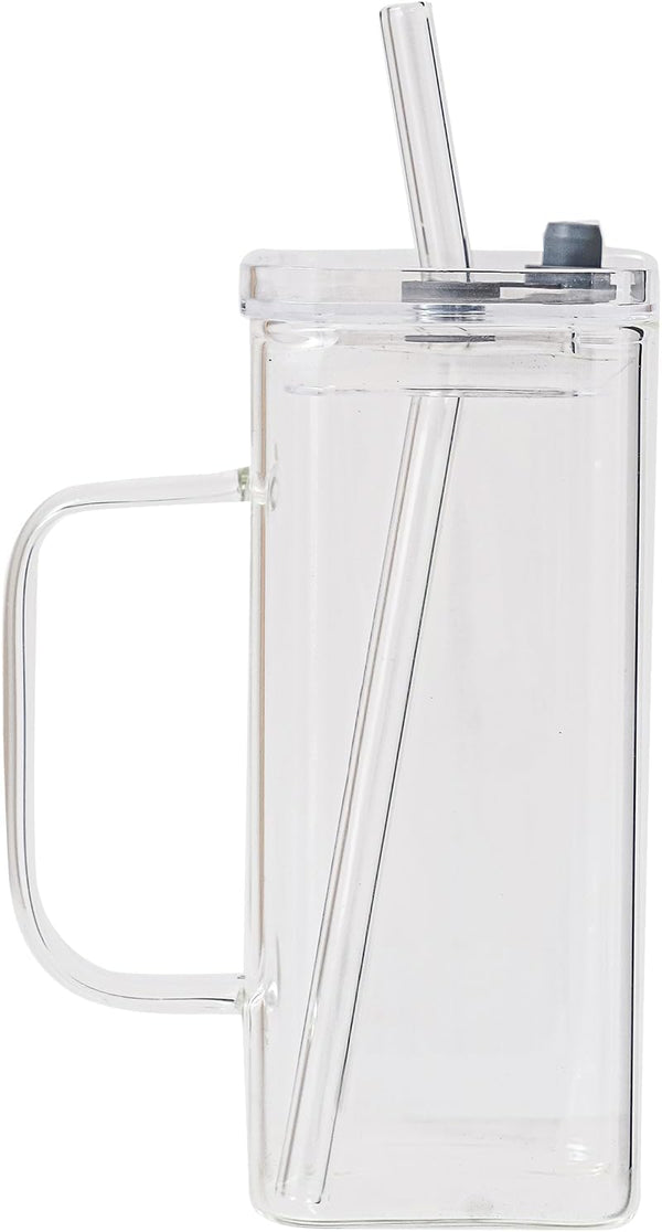 FUENYEJIA Lided straw glass cup, 13 ounce iced coffee cup for juice, milk,