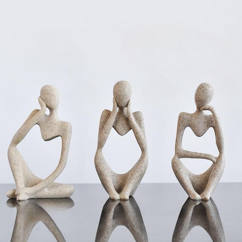 Thinker Statues Home Decor, Set of 3 Pcs Grey Resin Trendy Abstract