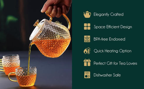 Glass Teapot Microwave Safe, 600ml (20oz) with Removable Infuser and Lid, Set of 4 Glass Tea Kettle