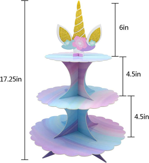 3 Tier Unicorn Cupcake Stand, Pink Purple Cardboard Cake Stand for Birthday Baby Shower Party Decorations