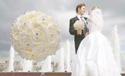 WIFELAI-A Ivory Cream Bouquet with Diamond Soft Ribbons - Artificial PE Rose Bridal Flowers for Wedding, Party, Church