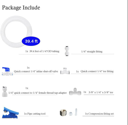 Refrigerator Water Line Kit, iRuiZhe Ice Maker Water Line Kit with 1/4"" OD 39.4ft Water Line Reverse Osmosis Quick Connect Fittings Push To Connect Water Tube Fittings for Fridge Ice Maker, Blue