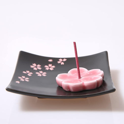 Japanese Handmade Ceramic Cherry Blossom Incense Stick Holder, Unique Ash Catcher Tray, Decorative Gift, Square Pink