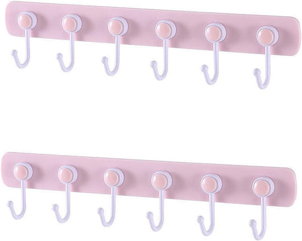 Kids Coat Rack Wall Mount, Adhesive Wall Hooks with 6 Rotating Hooks for Hanging Clothes, Pink Decorative Hangers