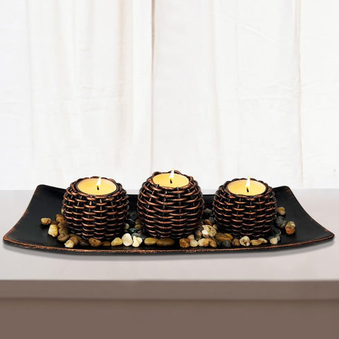 Coffee Table Decor, 3 Pieces Candle Holders with Tray and Rocks, Centerpiece