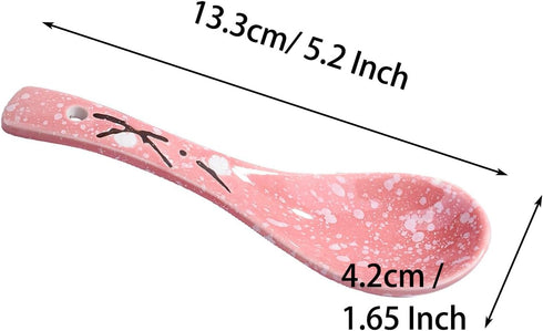 Japanese Soup Spoons Set of 5 - Pink Ceramic Spoons for Soup, Ramen, Pho, Gravy, and Dumplings