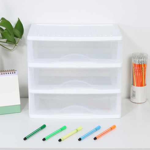 BYCY Plastic Stackable Storage with 3 Drawers, White Makeup Organizer for Bathroom, Desk, and Easy Assembly