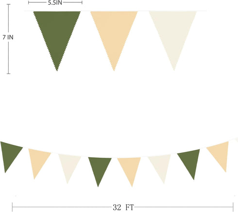 32Ft Sage Green Party Decorations - Olive Green Tan Brown Cream Triangle Flag Fabric Banner for Birthday Wedding Decor