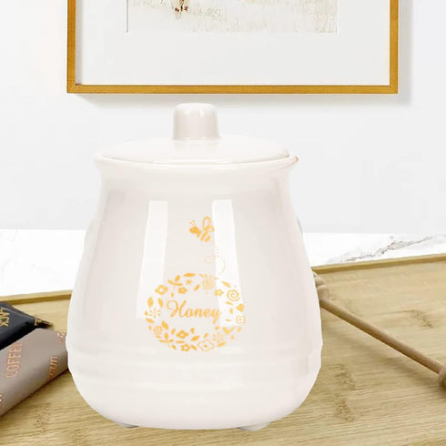 Kosmeey Ceramic Honey Jar with Wooden Honey Dipper-Honey Pot with Dipper- Honey Jar with Stand, Great Bee Decor