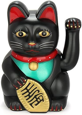 Monkey King Feng Shui Lucky Cats, Waving Wealth Cat Maneki Neko, 6" Tall, Black, Gold