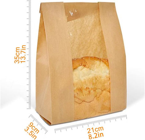 GM HOME 50 PCS Toast Paper Bag Kraft Bread Bag with Front Window Label Seal Sticker for Bakery Packaging