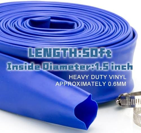 WWD POOL 1-1/2" x 50' Heavy Duty Backwash Hose with Clamp - General Purpose PVC Lay-Flat Water Discharge