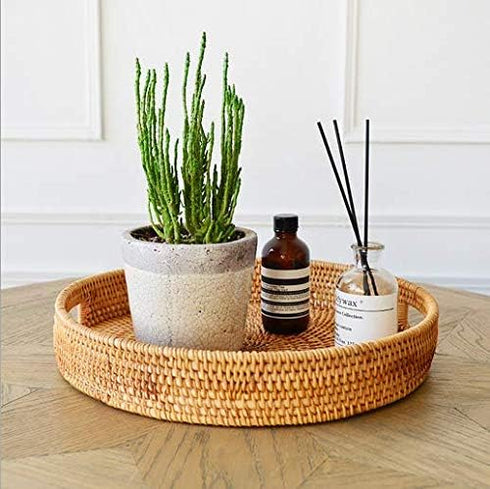 YANGQIHOME Rattan Round Serving Tray - Decorative Coffee Table Tray, Hand Woven Serving Basket with Handles