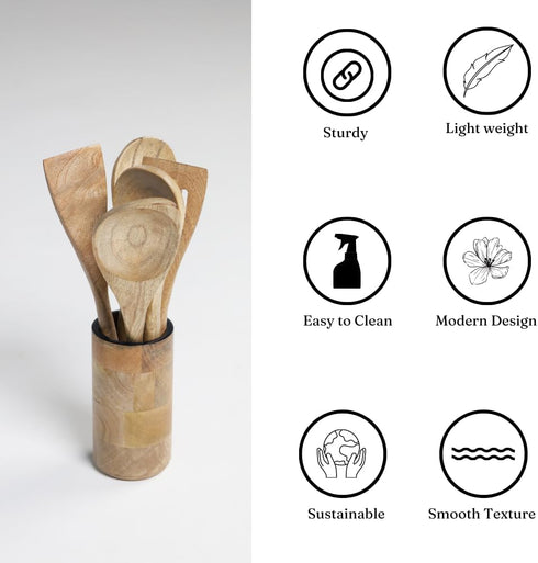 The Art Box Wooden Cooking Spoon Utensils Set of 5 - Kitchen Serving Tools Non-Stick Cookware, 12 Inch Wooden Fork,