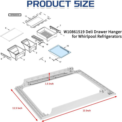 Upgraded W10861519 Deli Drawer Hanger, Refrigerator Meat Drawer Shelf Holder for Whirlpool WRT148/WRT311/WRT318,