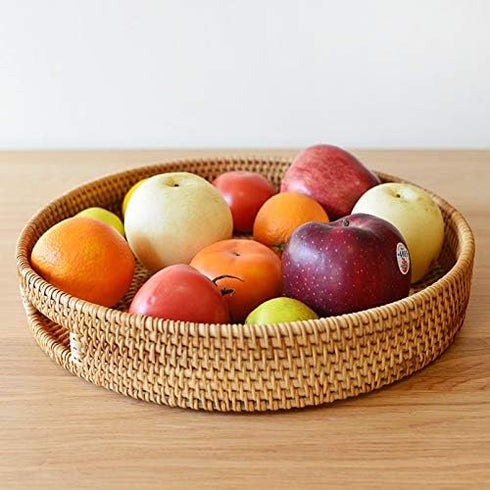14 inch 2.4 inch) Coffee Table Tray Round Rattan Ottoman Tray Woven Serving Trays with Handles for Home and Kitchen