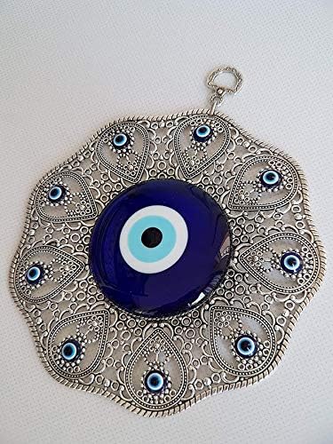 Turkish Glass Blue Evil Eye Wall Hanging Ornament - Metal Home Decor Amulet for Protection and Good Luck Gift