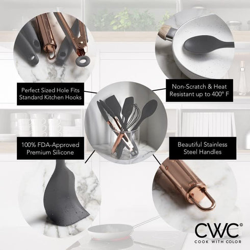 COOK WITH COLOR Silicone Cooking Utensils, 5 Pc Kitchen Utensil Set, Easy to Clean, Grey and Copper