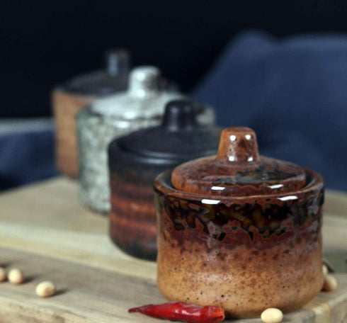 Ceramic Mini Sugar Bowl - Seasoning Pot Salt Pepper Storage Jar with Lid Spoon, 70ml