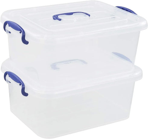 2 Packs Plastic Stackable Storage Boxes - Transparent Lid and Deep Blue Handle, Holds 8 Quart