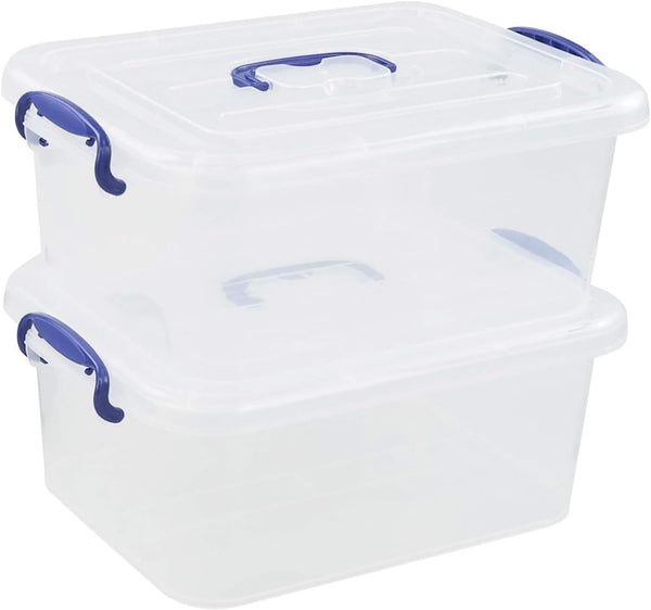 2 Packs Plastic Stackable Storage Boxes - Transparent Lid and Deep Blue Handle, Holds 8 Quart
