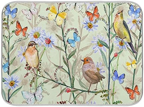 Flowers Birds Dishes Drying Mats for Kitchen Counter Decor - 18x24 in Colorful Butterfly Dish Draining Mat, Baby Bottle