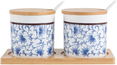 123Arts Ceramic Sugar Bowl, Retro Blue and White Storage Jar with Wooden Lid and Spoon