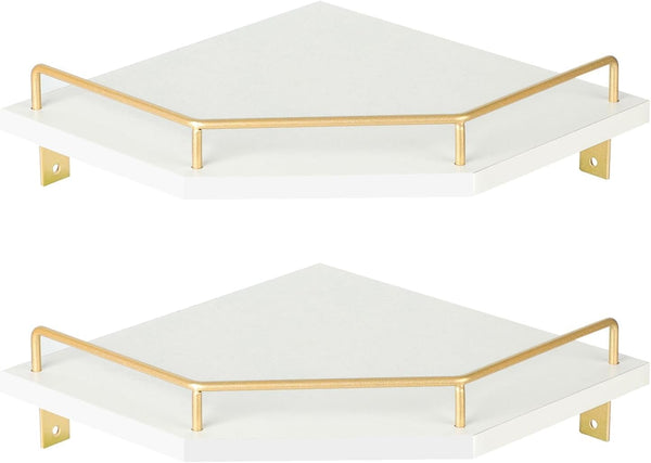 Tirzah White Wall Mount Corner Shelf with Gold Metal Guardrail, 2-Tier 9.5-inch