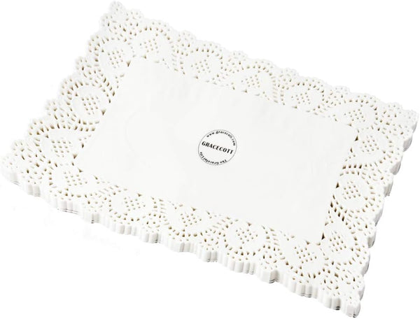 Lace Doilies Paper Rectangular - 100 Pieces, White Square Lace Paper Placemats for Tables, Cake, Baking, Wedding